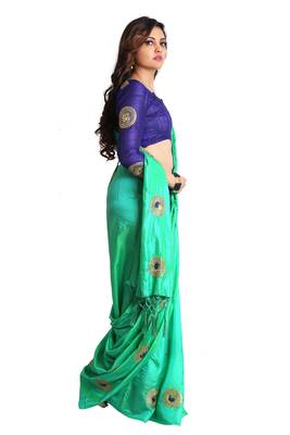 Turquoise green paper silk embroidered saree with unstitched blouse 2