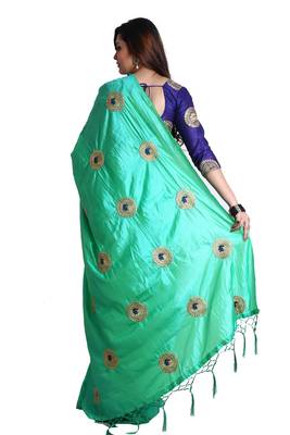 Turquoise green paper silk embroidered saree with unstitched blouse 3