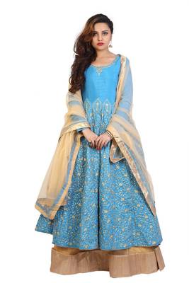 Turquoise Blue with Golden Embroidery Anarkali Lehenga with Net Dupatta 1