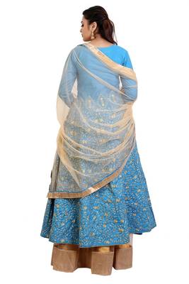 Turquoise Blue with Golden Embroidery Anarkali Lehenga with Net Dupatta 2