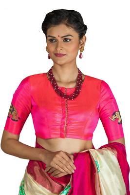 Neon Pink embroidered silk readymade-blouse 1