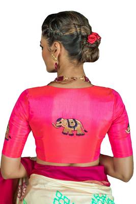 Neon Pink embroidered silk readymade-blouse 2