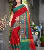 Red Plain Cotton Silk Saree With Blouse