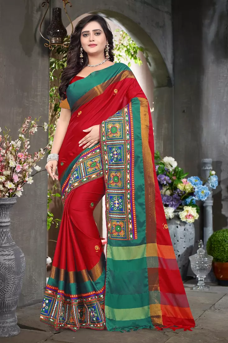 Red Plain Cotton Silk Saree With Blouse