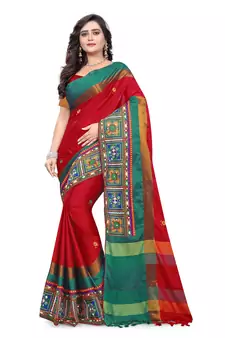Red Plain Cotton Silk Saree With Blouse
