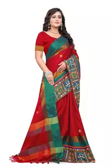 Red Plain Cotton Silk Saree With Blouse