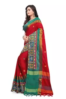 Red Plain Cotton Silk Saree With Blouse