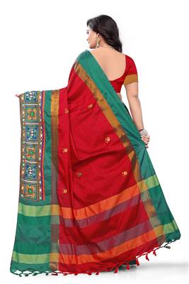 Red Plain Cotton Silk Saree With Blouse 5