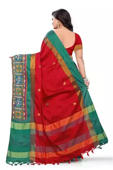 Red Plain Cotton Silk Saree With Blouse