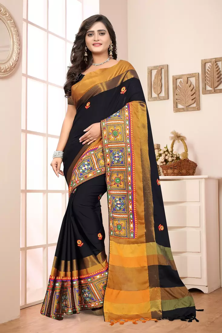 Black Plain Cotton Silk Saree With Blouse