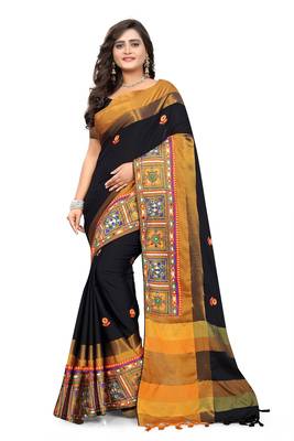 Black Plain Cotton Silk Saree With Blouse 2