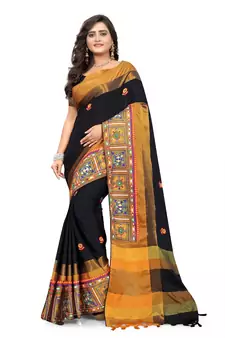 Black Plain Cotton Silk Saree With Blouse