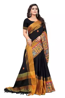 Black Plain Cotton Silk Saree With Blouse