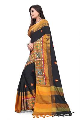 Black Plain Cotton Silk Saree With Blouse 4
