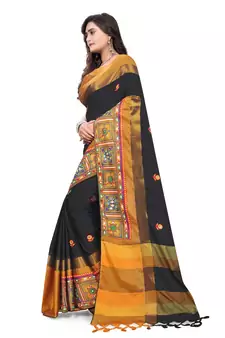 Black Plain Cotton Silk Saree With Blouse