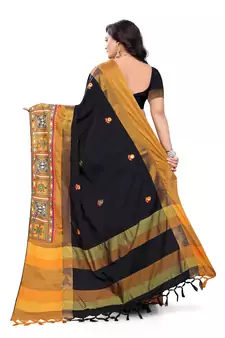 Black Plain Cotton Silk Saree With Blouse