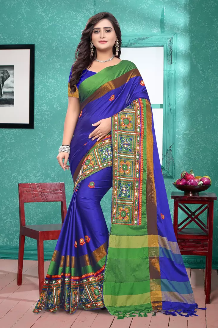 Blue Plain Cotton Silk Saree With Blouse