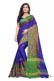 Blue Plain Cotton Silk Saree With Blouse