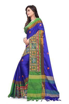 Blue Plain Cotton Silk Saree With Blouse 4