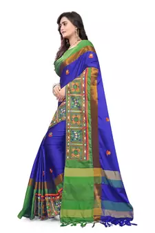 Blue Plain Cotton Silk Saree With Blouse