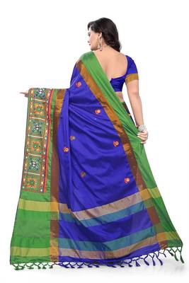 Blue Plain Cotton Silk Saree With Blouse 5