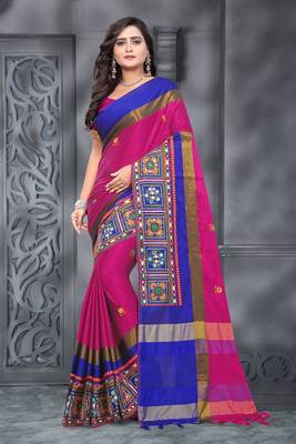 Rani Pink Plain Cotton Silk Saree With Blouse 1