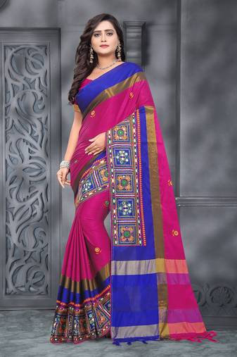 Rani Pink Plain Cotton Silk Saree With Blouse