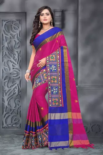 Rani Pink Plain Cotton Silk Saree With Blouse