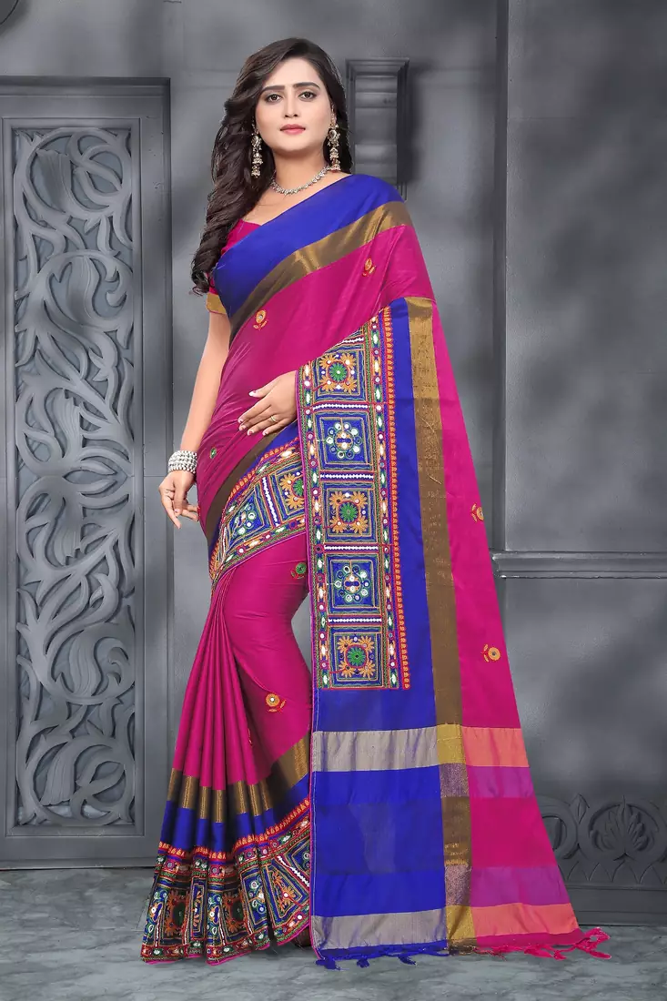 Rani Pink Plain Cotton Silk Saree With Blouse