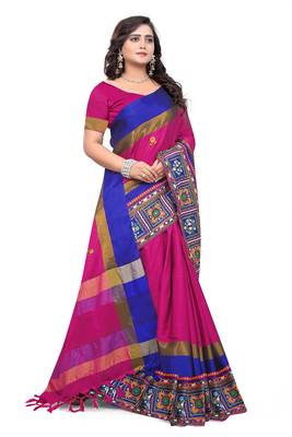 Rani Pink Plain Cotton Silk Saree With Blouse 3