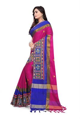 Rani Pink Plain Cotton Silk Saree With Blouse 4