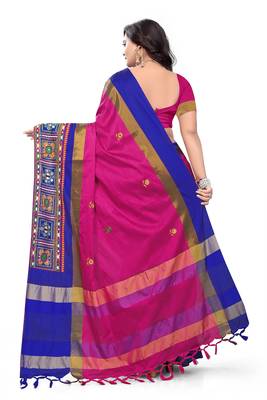 Rani Pink Plain Cotton Silk Saree With Blouse 5