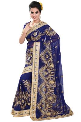 Blue embroidered georgette saree with blouse 1