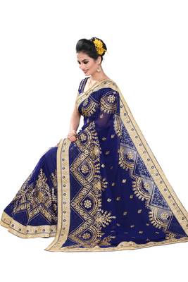 Blue embroidered georgette saree with blouse 2