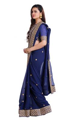 Navy Georgette Embroidered saree with unstitch blouse 3
