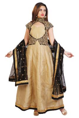 Cream bhagalpuri silk plain semi stitched anarkali suits with unstitched jacket 1