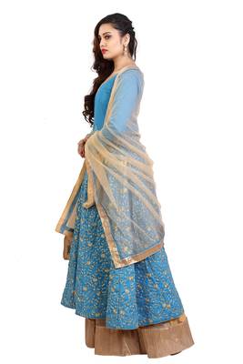 Turquoise Blue with Golden Embroidery Anarkali Lehenga with Net Dupatta 3