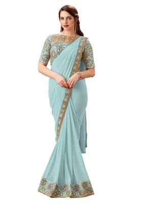 Light_Blue Plain Lycra Saree With Blouse 1