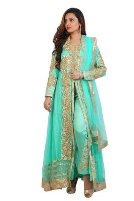 Sea Green and beige embroidered net semi stitched anarkali suit 1