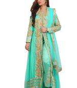 Sea Green and beige embroidered net semi stitched anarkali suit