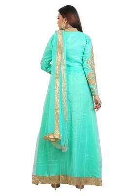 Sea Green and beige embroidered net semi stitched anarkali suit 2