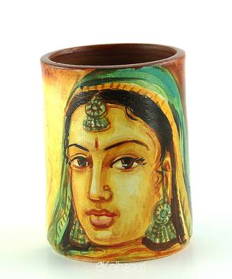 Handmade Pots With Handpainted Rajasthani Women Multicolor Design Teracotta Pen Holder 1