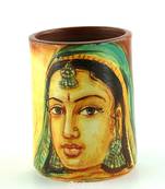 Handmade Pots With Handpainted Rajasthani Women Multicolor Design Teracotta Pen Holder