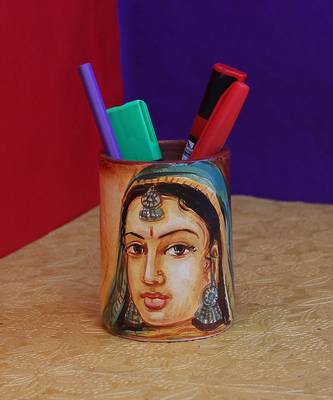 Handmade Pots With Handpainted Rajasthani Women Multicolor Design Teracotta Pen Holder 3
