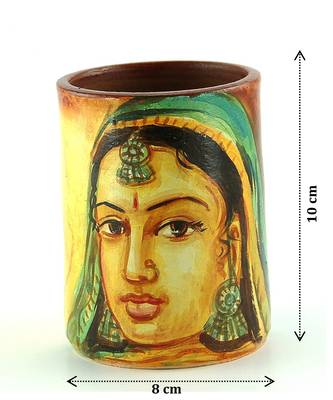 Handmade Pots With Handpainted Rajasthani Women Multicolor Design Teracotta Pen Holder 4