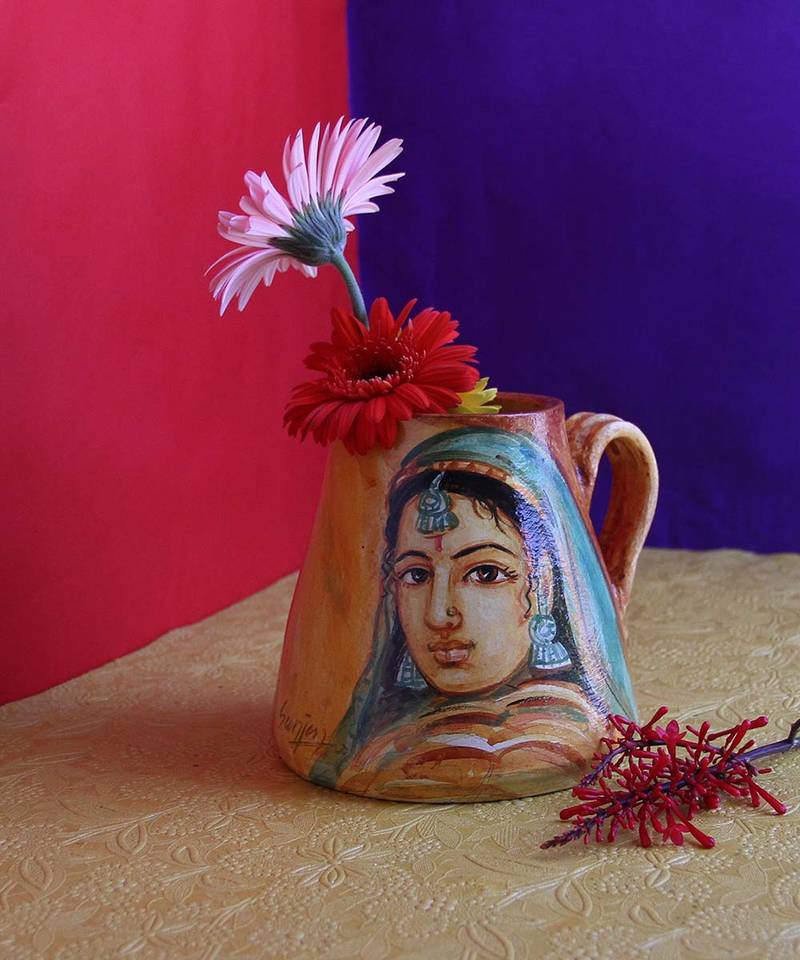 Handmade Rajasthani Lady Green Design Terracotta Idols And Figurines