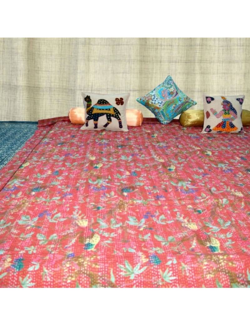 Kantha Quilt Queen Cotton Vintage Throw Blanket Multi Design Indian Handmade GDR0001