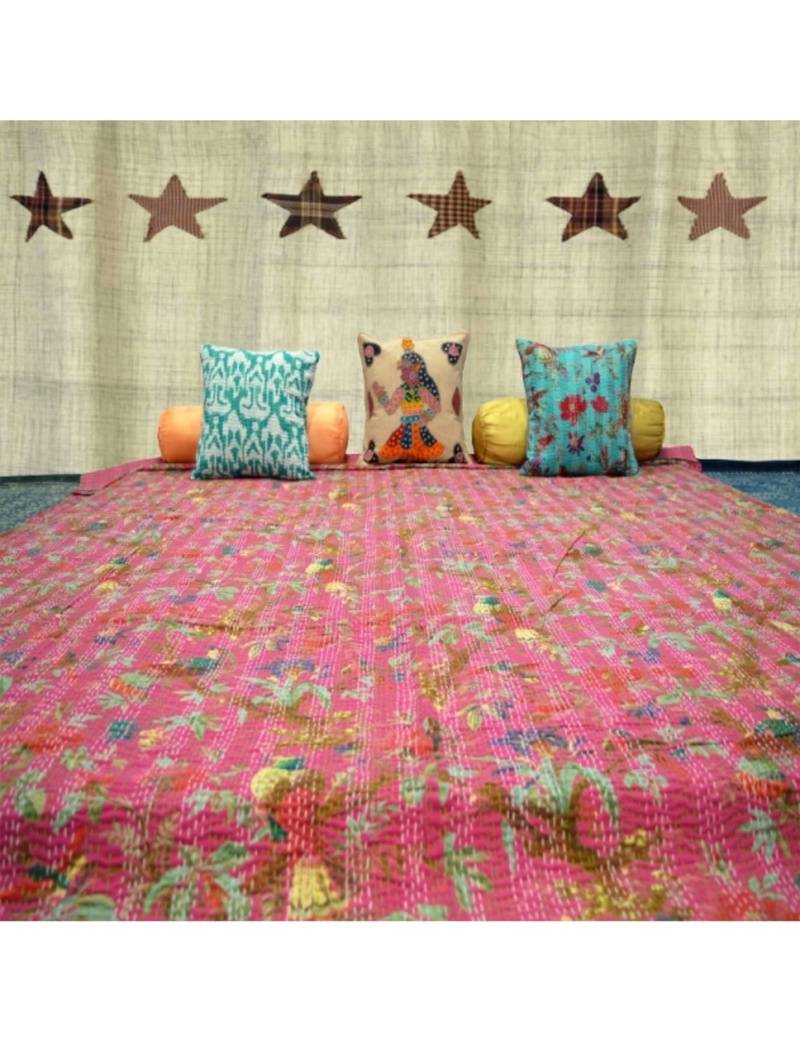 Kantha Quilt Queen Cotton Vintage Throw Blanket Multi Design Indian Handmade GDR0004