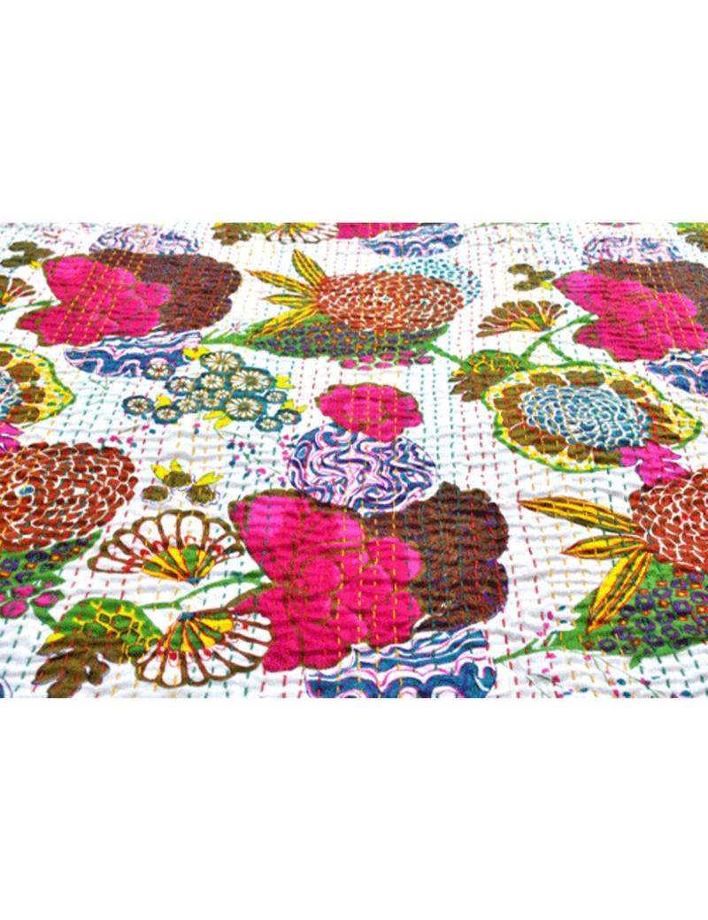 Kantha Quilt Queen Cotton Vintage Throw Blanket Multi Design Indian Handmade GDR0053