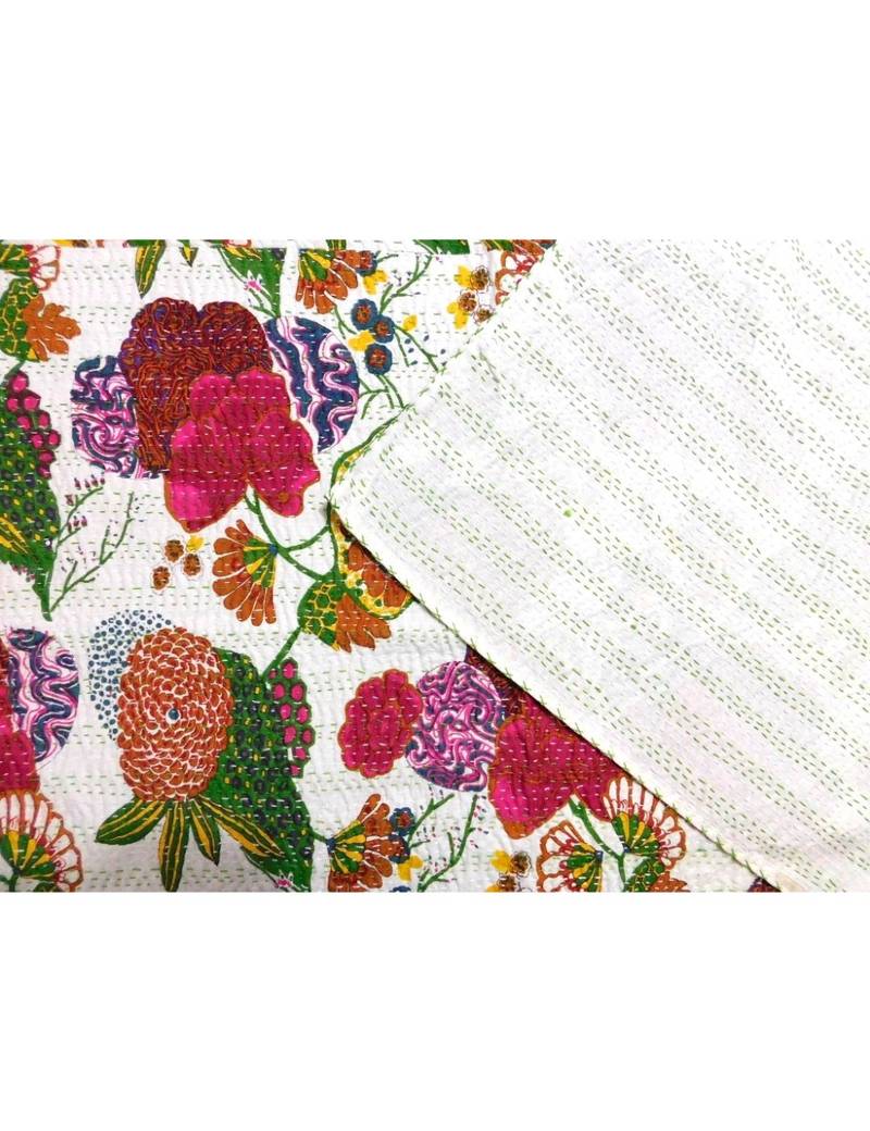 Kantha Quilt Queen Cotton Vintage Throw Blanket Multi Design Indian Handmade GDR0053